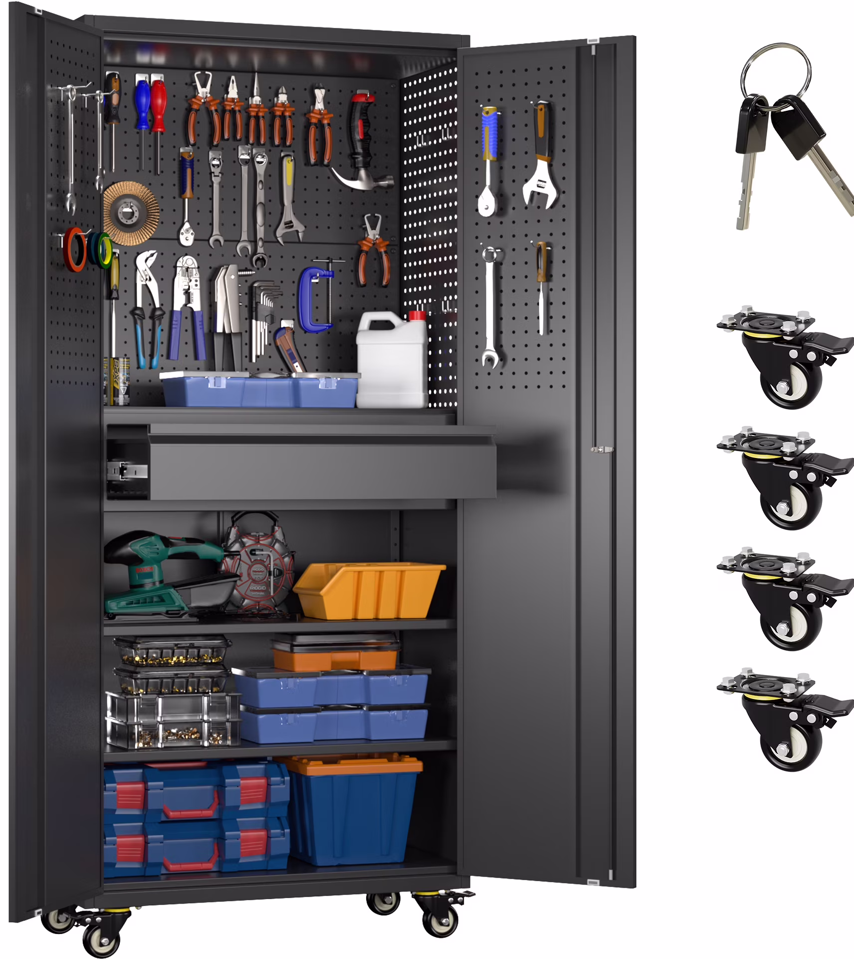 GangMei 71-Inch Metal Lockable Storage Cabinet with Pegboards and 5 adjustable shelves, White, Assembly Required