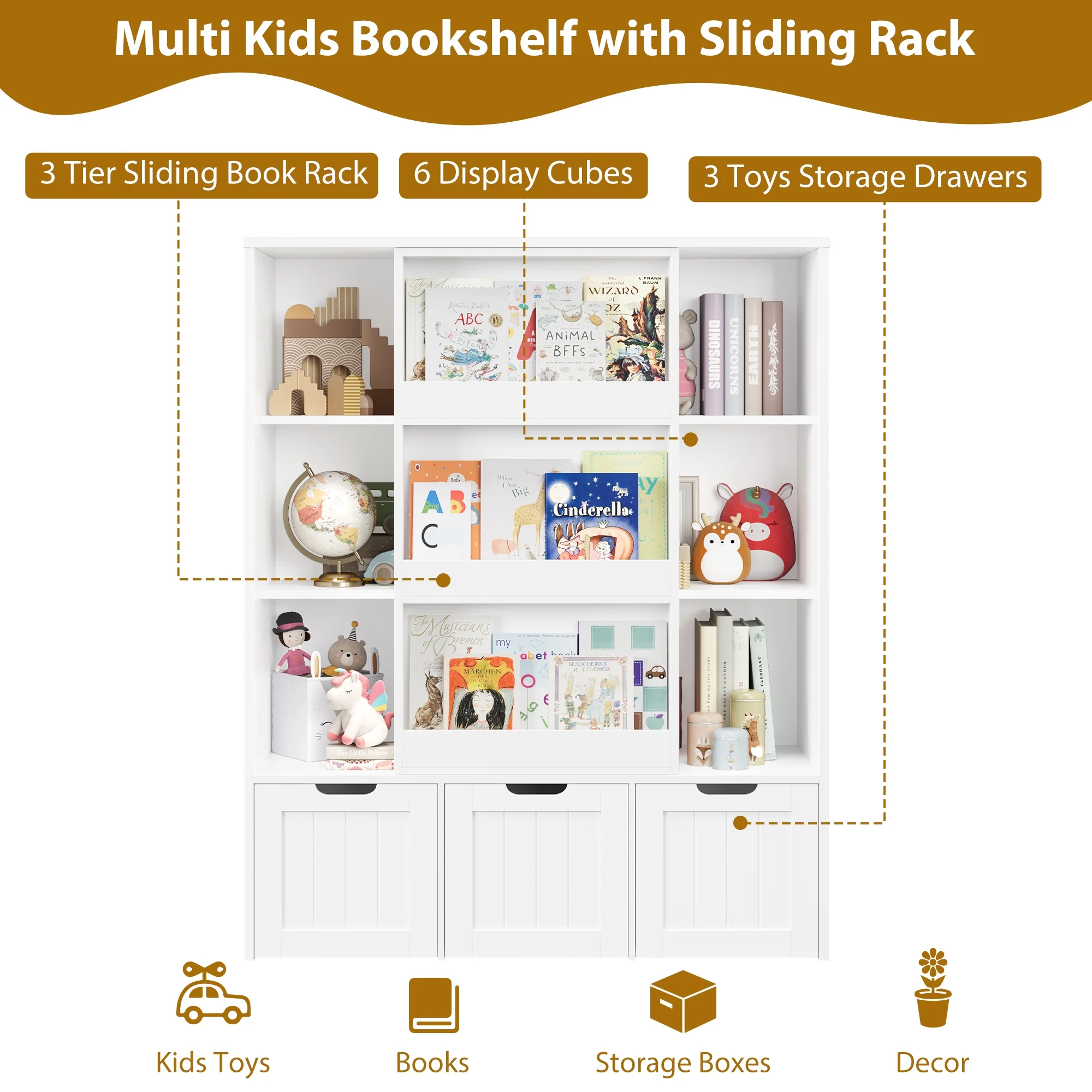 Homfa 6 Cube Toy Storage, Cube Organizer with Sliding Rack, 3 Drawer Kids Bookcase and Bookshelf, White