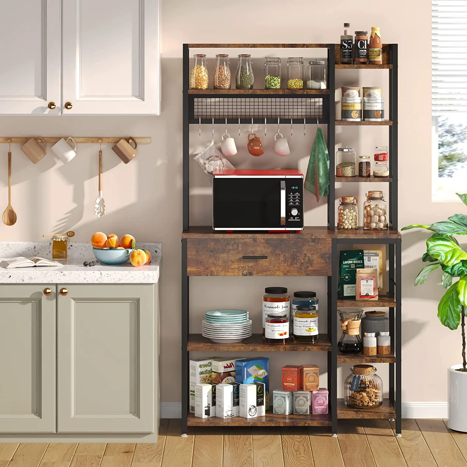 Tribesigns Baker's Rack with Drawer, 70.9 inch Kitchen Storage Shelf with 10 Hooks, Rustic Brown