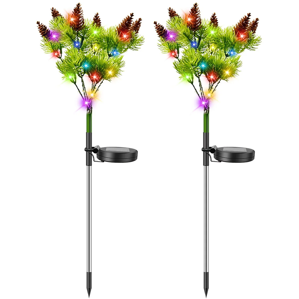 Motrke 4PCS Solar Flickering Pine Lights LED Solar Powered Christmas Tree Lights with Pine Cones Waterproof Multi Color Landscape Lights for Home Christmas Decoration