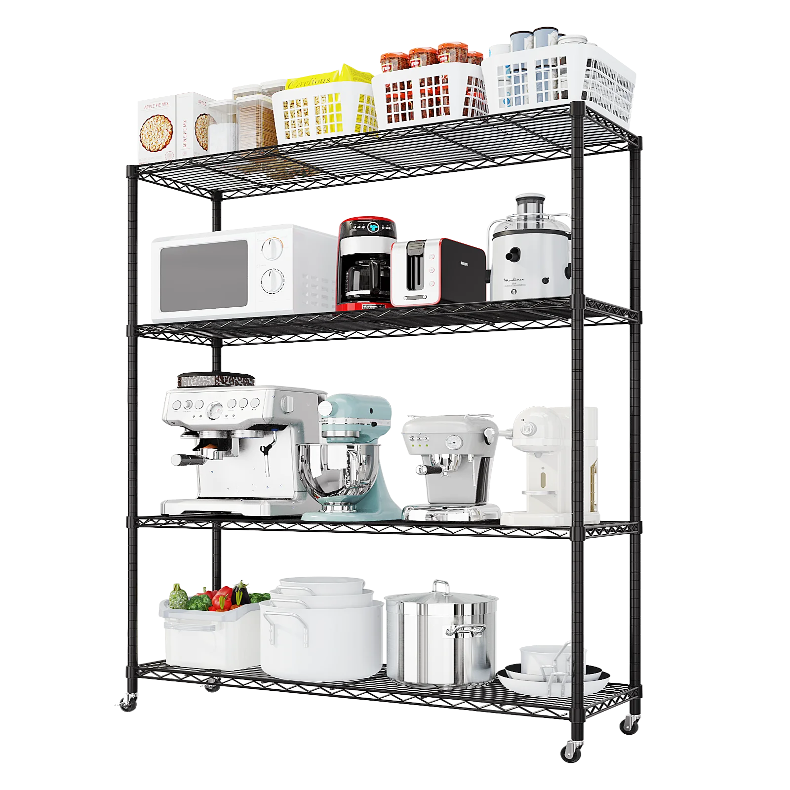 Ktaxon 4 Tier Wire Shelving with Wheels, 46"W x 17.7"D x 65"H Multifunctional Storage Rack Metal Garage Shelves Organizer, Capacity for 800lbs, Black