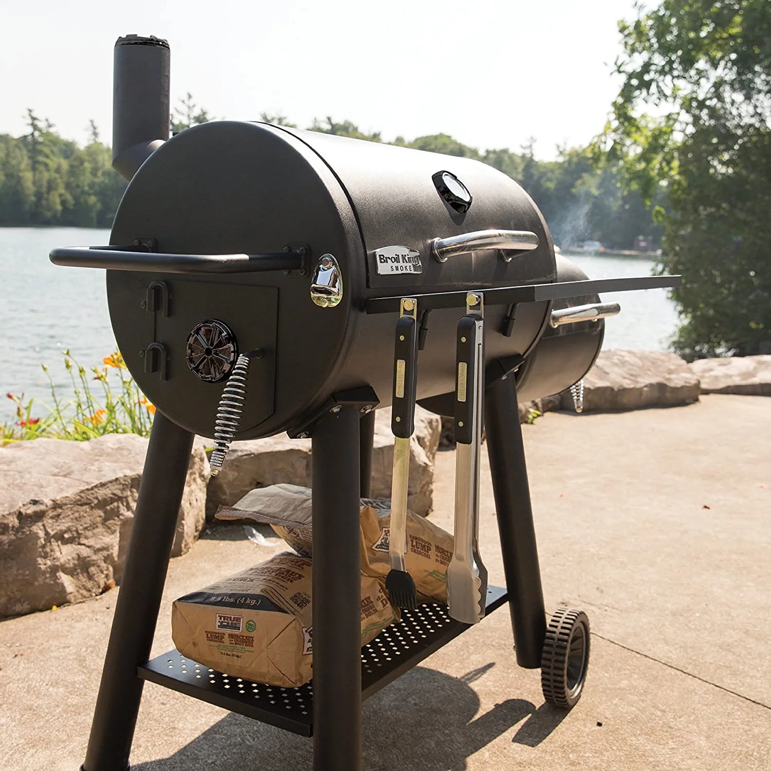 Broil King Offset Charcoal Smoker Grill with Utensil Hooks and Bag Shelf, Black