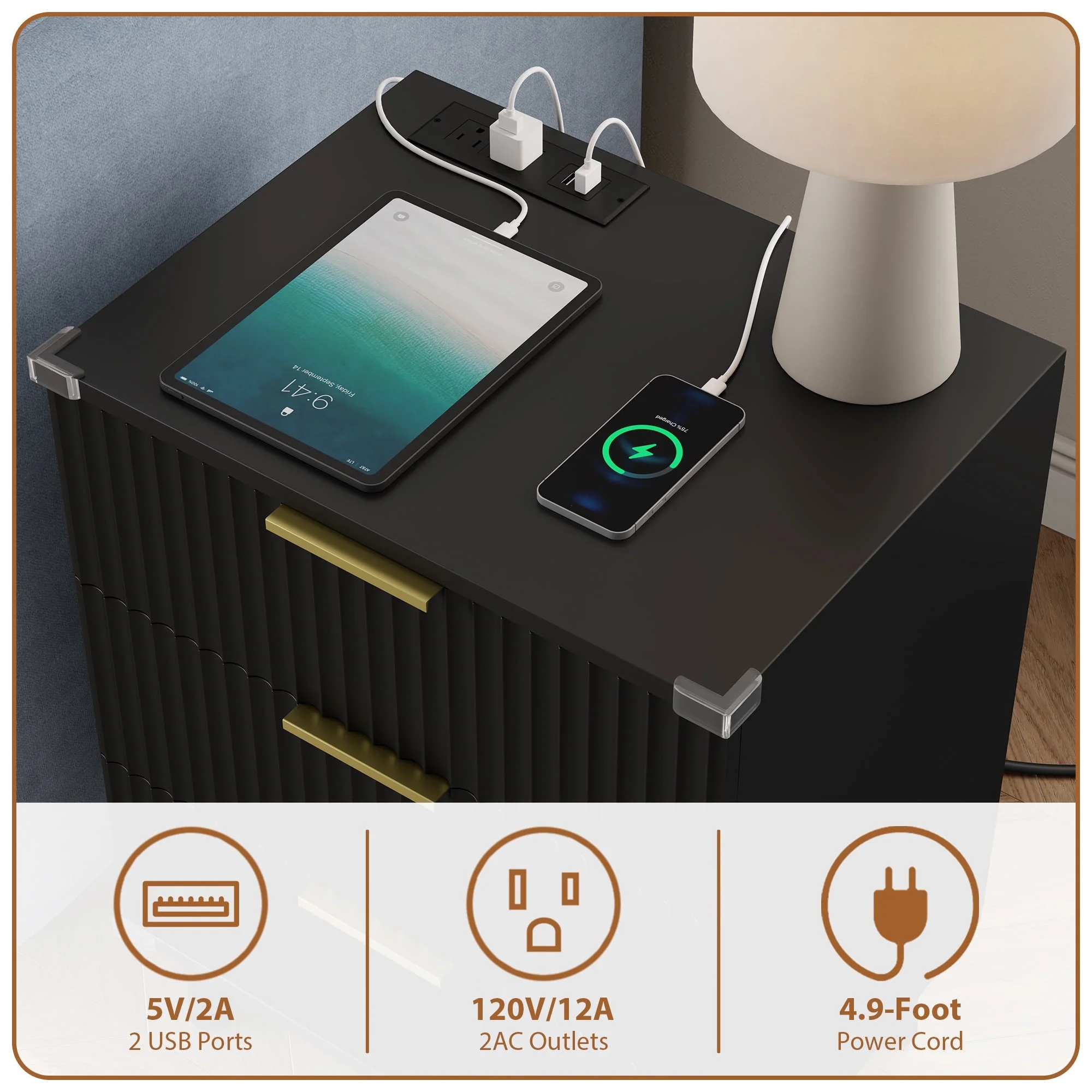 Laintene 3-Piece Boho Bedroom Set - 6-Drawer Dresser & 2 Nightstands with 3 Drawers & USB Charging, Fluted Wooden Storage, Modern Dresser & Nightstand Combo, Natural