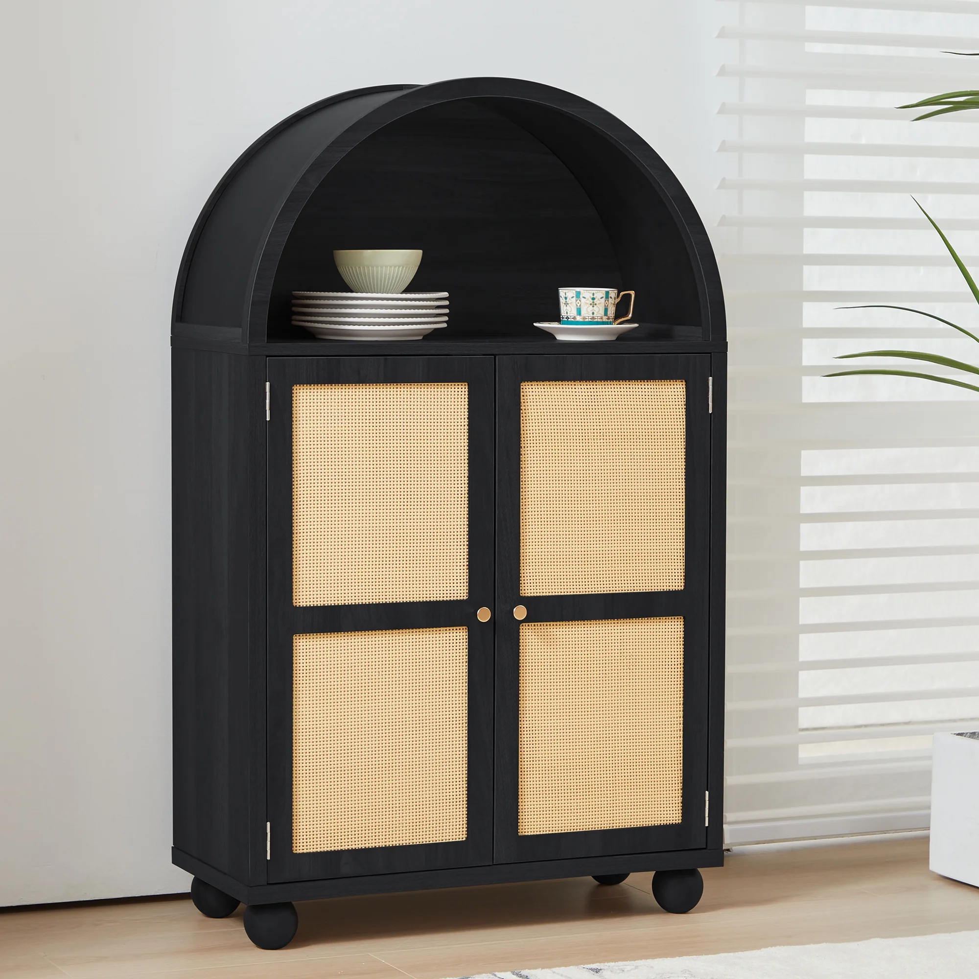 Wirrytor Arched Kitchen Storage Cabinet, Sideboard Buffet Cabinet with 2-Tier and 2 Doors, Black Sideboard, Kitchen Pantry Cabinet, Wooden Storage Cabinet for Living Room