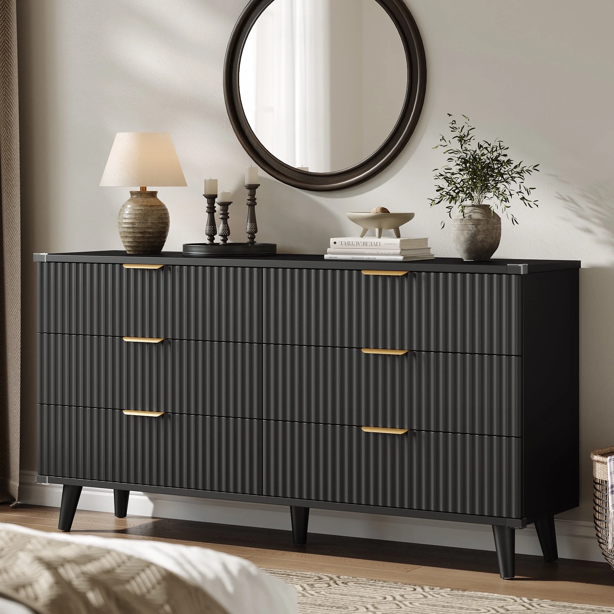 Laintene 3-Piece Boho Bedroom Set - 6-Drawer Dresser & 2 Nightstands with 3 Drawers & USB Charging, Fluted Wooden Storage, Modern Dresser & Nightstand Combo, Natural