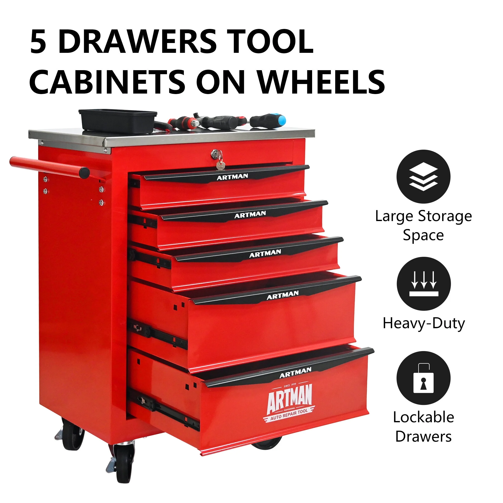 Tool Cabinets 4 Drawers Multifunctional Tool Cart with Wheels,Metal Rolling Tool Cart Storage for Garage Workshop Warehouse Repair Shop--With Stainless Steel Roof- Red&Black,Garage Tool Cabinets