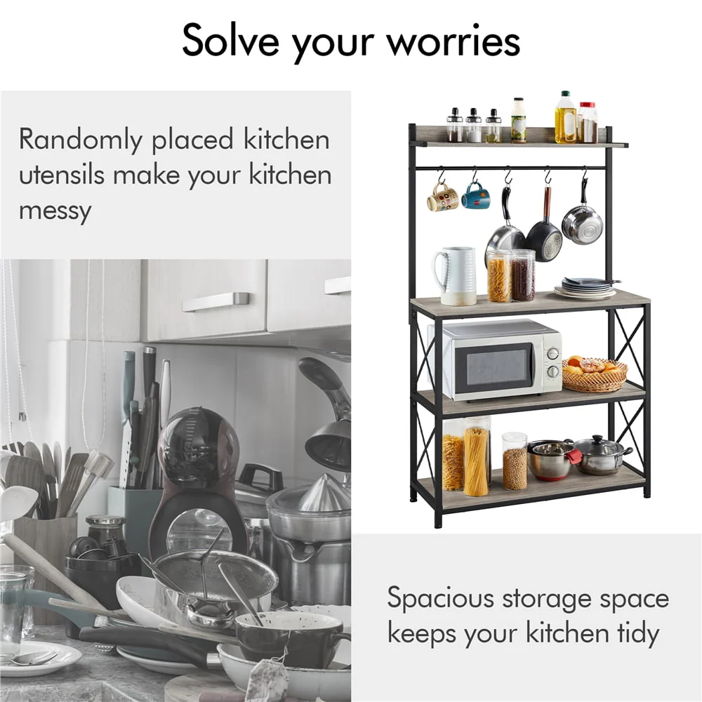 SmileMart 4-Tier Bakers Rack Kitchen Storage Shelf with S-Hooks, Gray