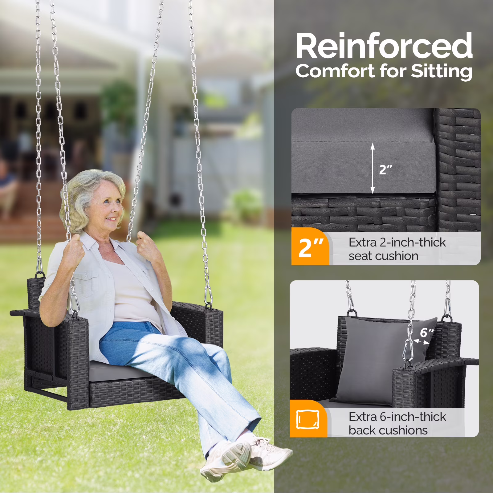 Zimtown Patio Rattn Wicker Swing, Outdoor Bench w/ Blue Cushion, Outdoor Seat Garden Swing for 2 Person