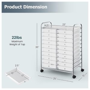 20 Drawers Storage Cart w/Rolling Wheels, Semi-Transparent Mobile Rolling Drawer Cart for School Classroom Office Home Salon, Files Scrapbook Craft Organizer, Utility Cart on Wheels (Clear)