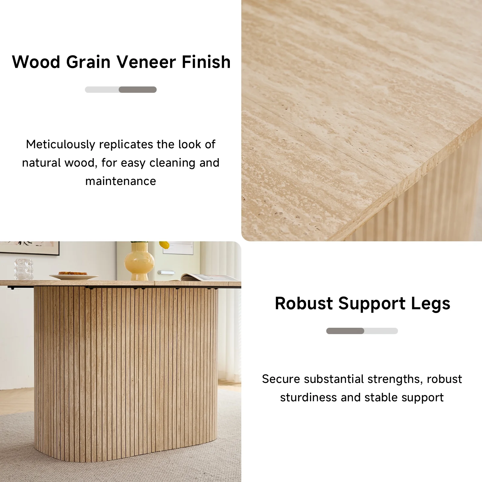 HJhomeheart 63" Rectangle Dining Table for 4 6 Person, Rounded Corners, Wood Strip Pedestal Base, Rustic Farmhouse Modern Breakfast Dinner Kitchen Table