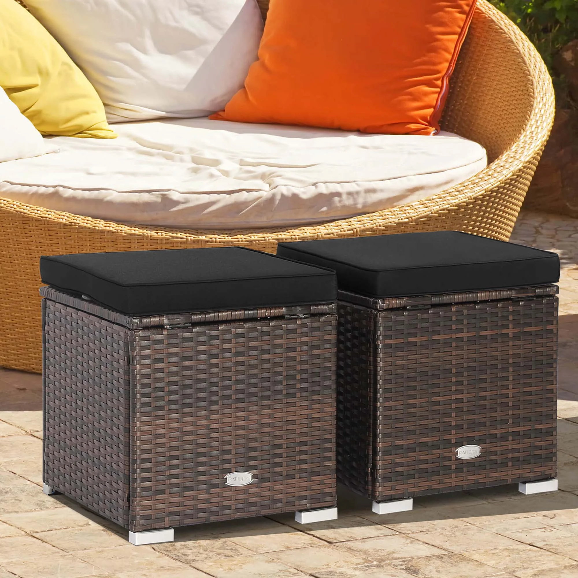 Costway 2PC Patio Rattan Ottoman Seat Side Table Storage Box Footrest Off White