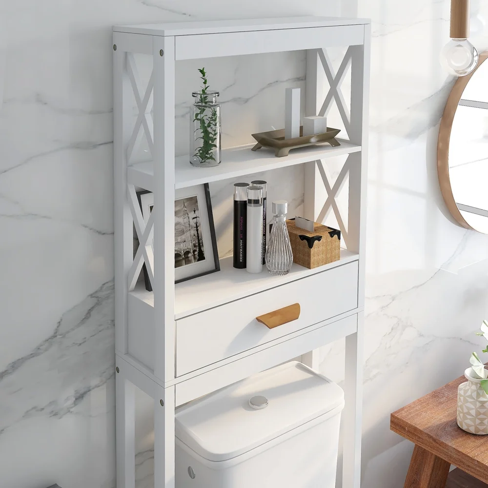 Over The Toilet Storage Cabinet with Drawer and 2 Shelves,Bathroom Space Saver Storage Rack,Toilet Shelf Organizer,White