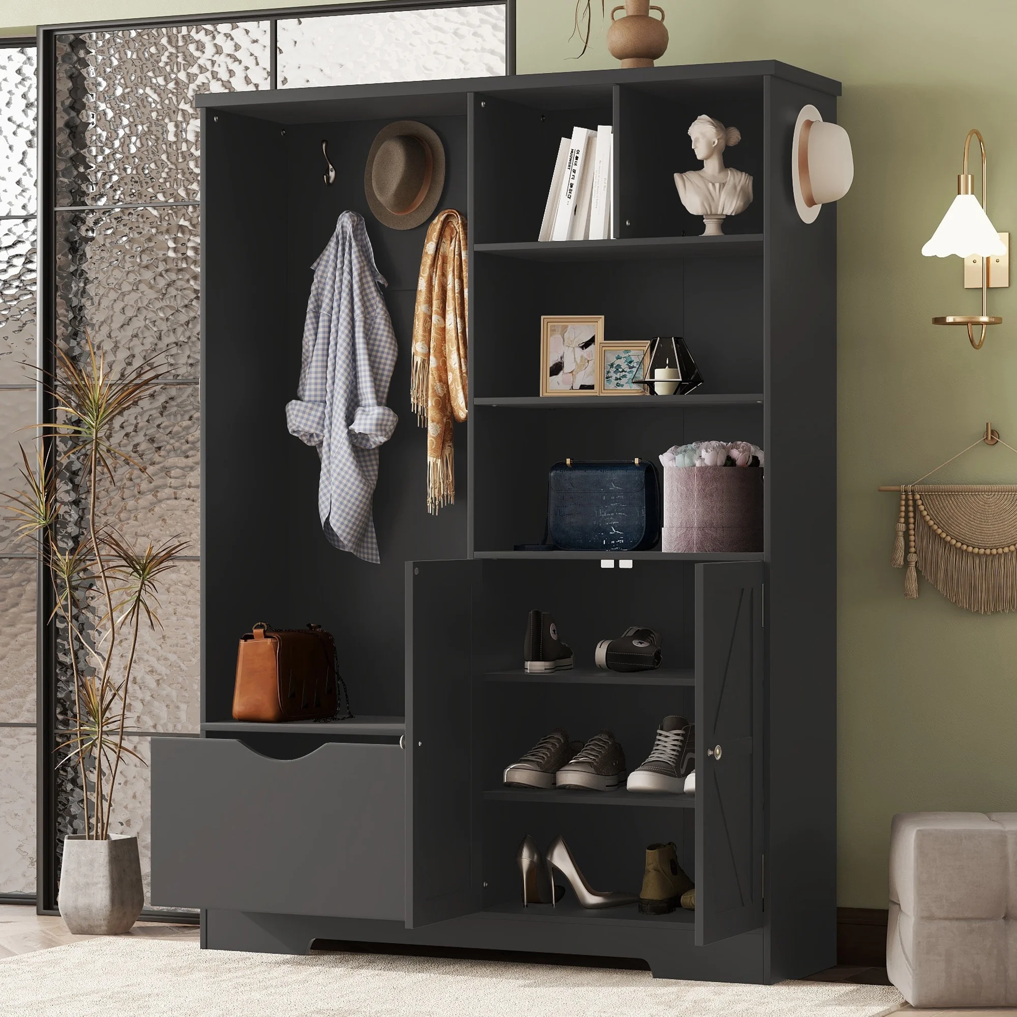 Bellemave 59"W Farmhouse Hall Tree with Storage Shelves and Shoes Rack Multi-functional Coat Rack with Hooks Entryway Shoes Storage Seating Bench Coat Hanger for Hallway (Black, With Shoes Rack)