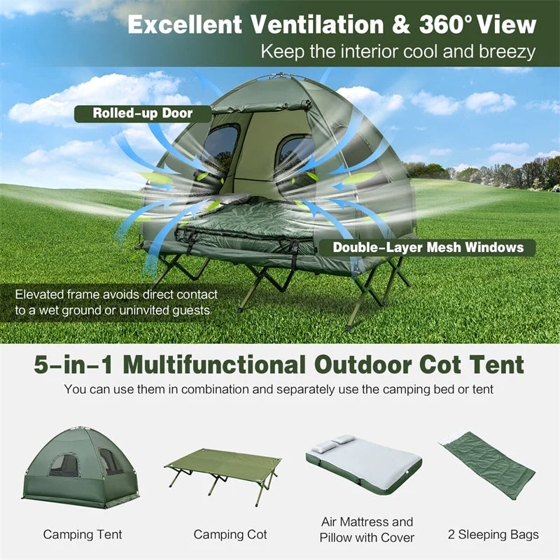 5-in-1 Tent Cot 2-Person Portable Outdoor Camping Tent Combo with Air Mattress Sleeping Bag & Sunshade