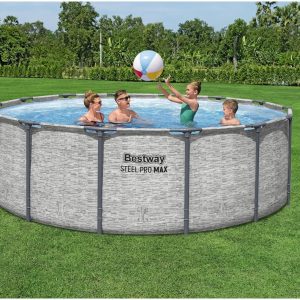 Steel Pro MAX 14 Foot x 48 Inch Round Metal Frame Above Ground Outdoor Swimming Pool Set with 1,000 Filter Pump, Ladder, and Cover, Gray