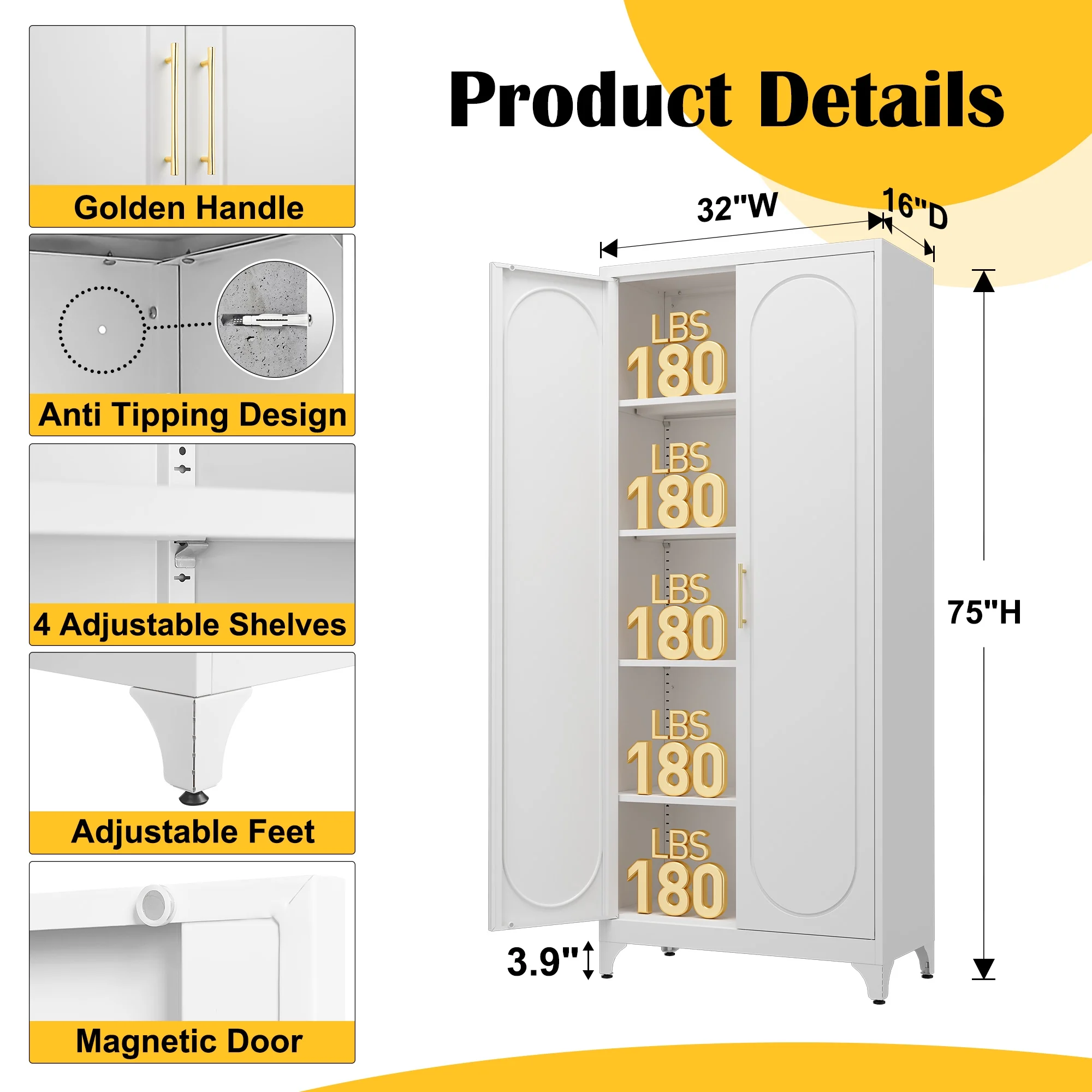 Polup White 75" H Modern Kitchen Storage Cabinet with Doors and Adjustable Shelves