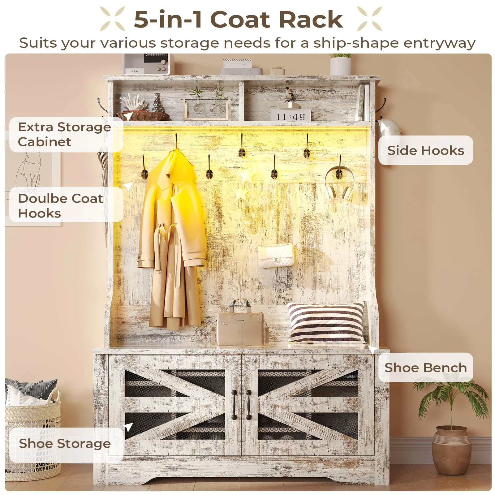 5-in-1 Entryway Bench with Coat Rack, Hall Tree with Bench and Shoe Storage, Rustic Brown
