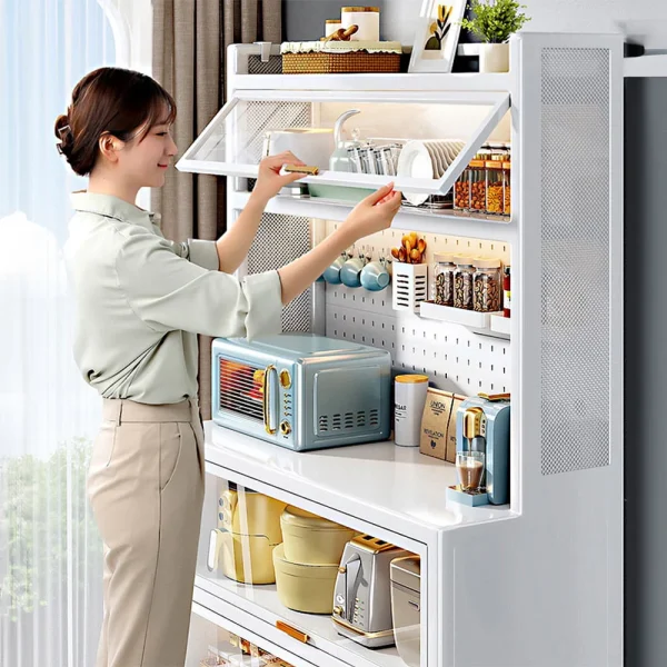Kitchen Storage Rack, Microwave Stand with Flip Door and Pegboard, Large Kitchen Storage Shelves with Wheels & 8 Hooks, Free Standing Kitchen Bakers Rack for Garage Pantry Kitchen Home White