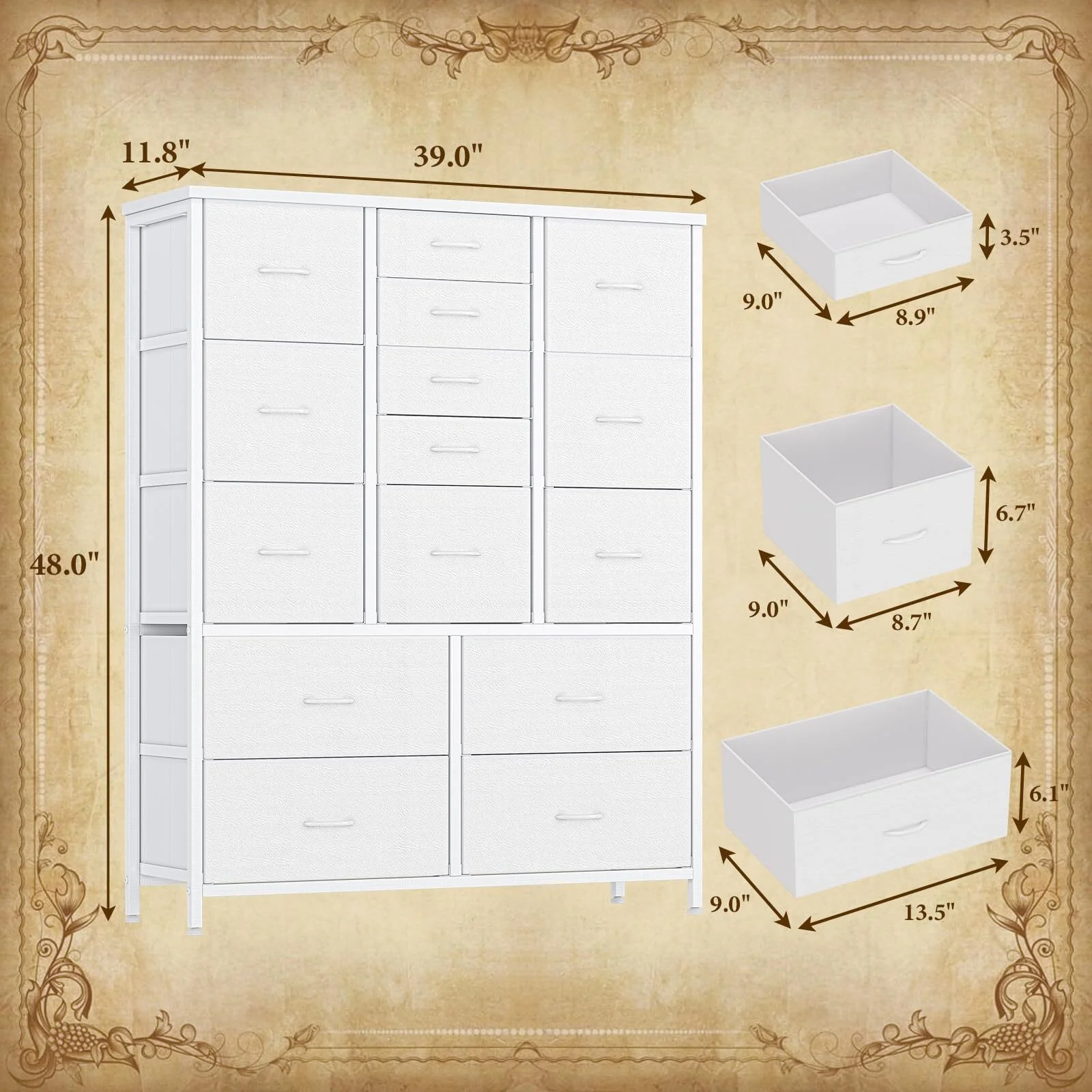 Garvee 15 Drawers Dresser for Bedroom Tall Chest of Drawers, Metal Frame & Wood Top Storage Organizer Cabinet with Fabric Drawers for Living Room, Entryway, Hallway, Closet, White