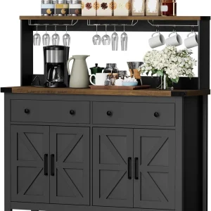 Frmobepts Farmhouse Coffee Bar Cabinet, 60" Tall Bar Cabinet with Drawers & Power Outlet, Sideboard Buffet Cabinet with Storage Barn Door for Kitchen, Dining Room