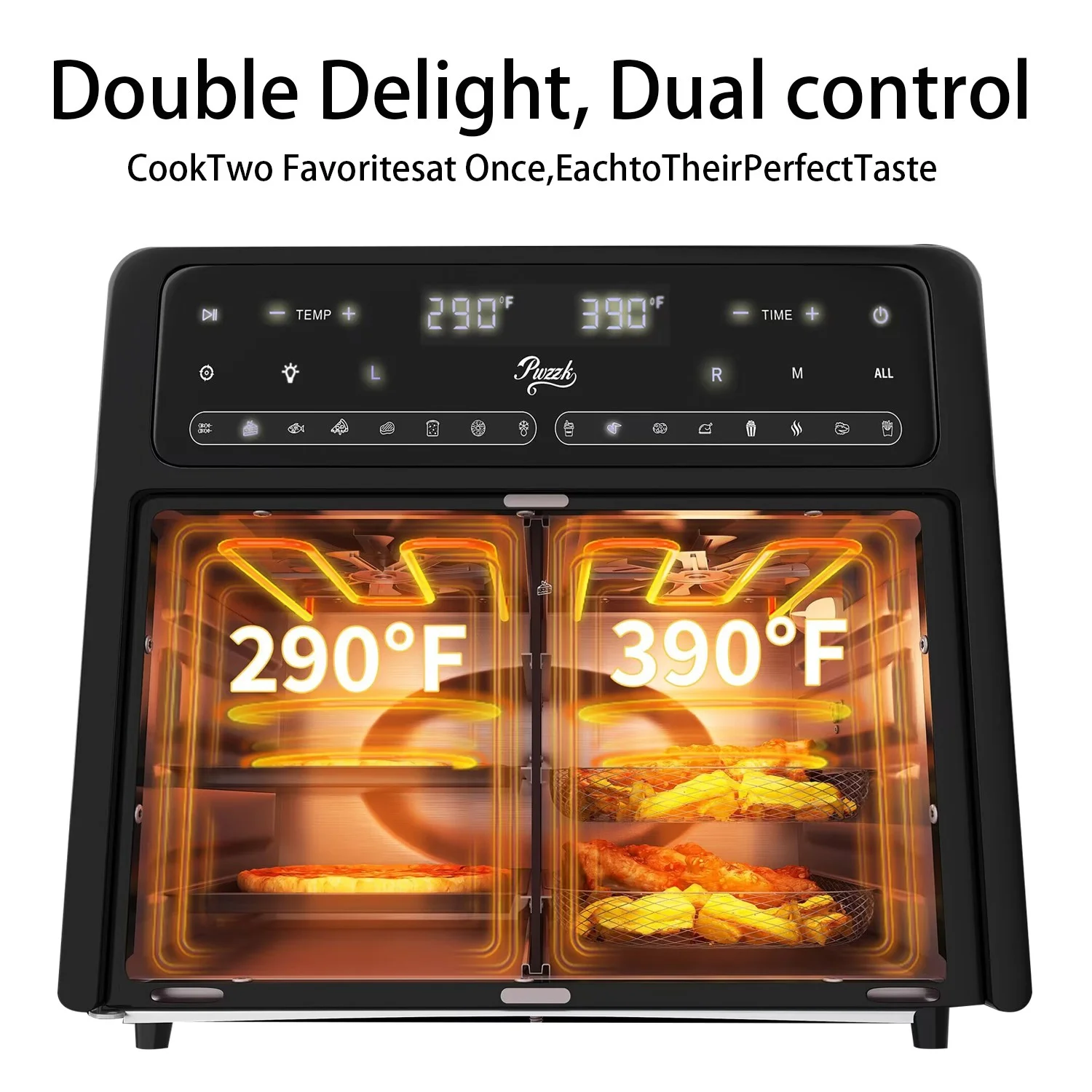 PwZzk 25.4QT Dual Zone Air Fryer Toaster Oven Combo, French Glass Door, XL Capacity, 100-430-F Temperature Range, 16 Preset Functions, LED Display, Dual Fan, 360- Heat Circulation, Rotisserie, Bake,