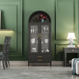 SUXXAN Metal Arched Storage Display Lockable Cabinets with Glass Doors and Adjustable Shelves, Assembly Required, Black