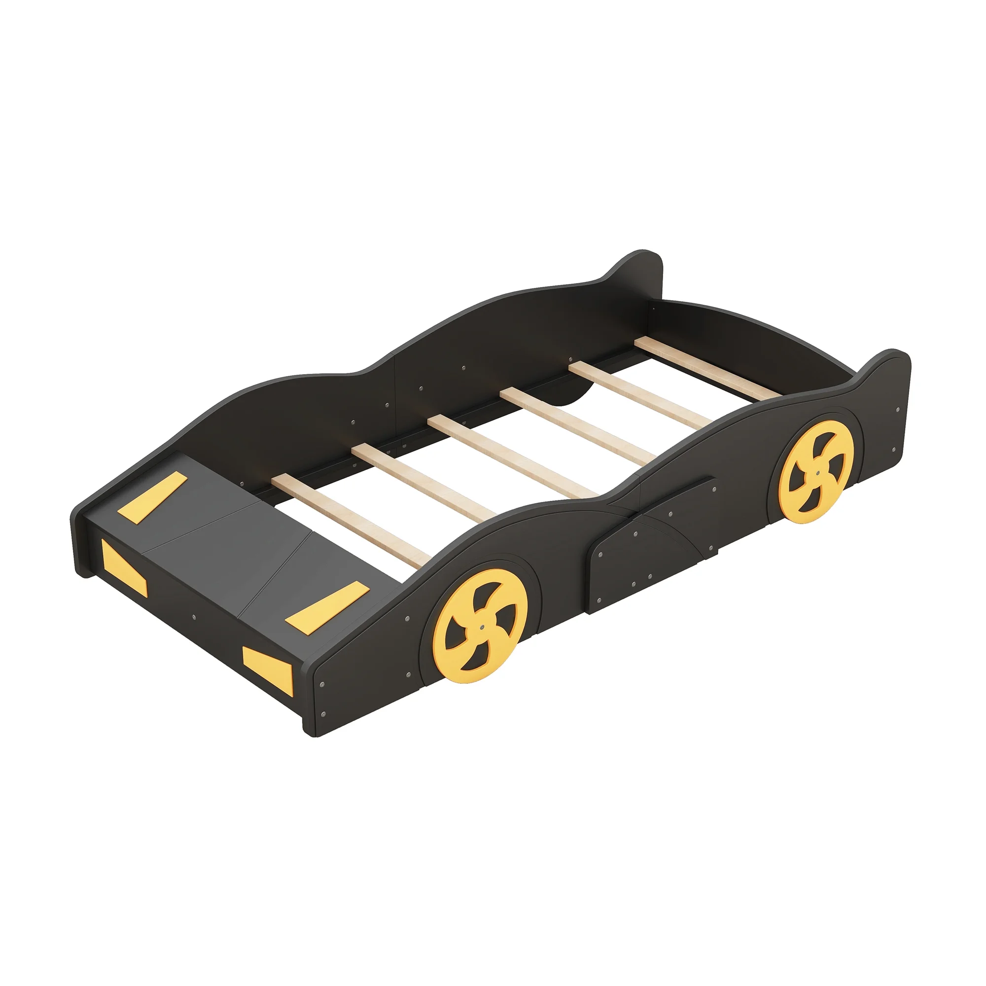 Euroco Car-Shaped Twin Size Platform Bed with Tires and Storage Cabinet for Kids Bedroom, Black
