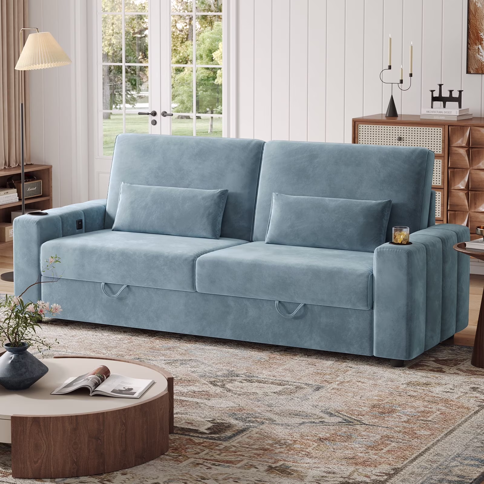 87-Large Loveseat Sofa, 3 Seater Couch with Storage, Velvet Fabric Deep Seat Sofa with Pillow& Cup Holders, Modern Comfy Sofa with USB& Type-C Ports, Home Sofa Couch for Living Room Bedroom