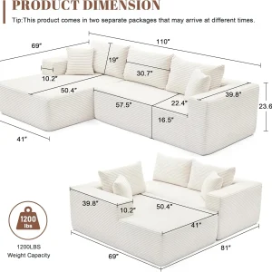 110 Cloud Sectional Couch, Boneless Sofa for Living Room Modular Sectional Sofa with Deep Seat