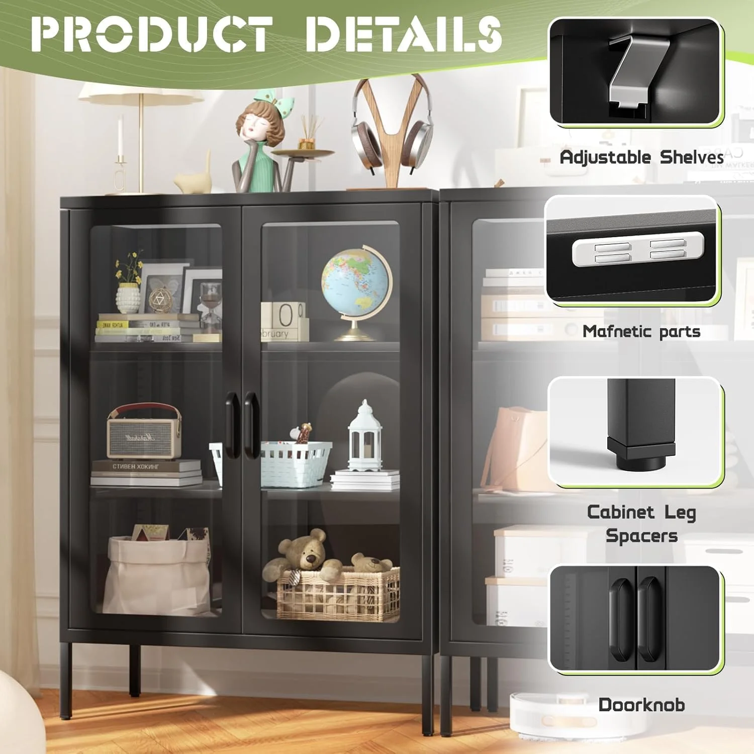 SUNCROWN Metal Storage Cabinet, Curio Display Cabinet with 2 Glass Display Door and 4 Shelves, Side Storage Organize, Modern Bookshelf Cabinet for livingroom, Bedroom, Kitchen, Black