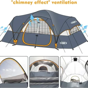 UNP Camping Tent 10-Person-Family Tents, Parties, Music Festival Tent, Big, Easy Up, 5 Large Mesh Windows, Double Layer, 2 Room, Waterproof, Weather Resistant, 18ft x 9ft x78in