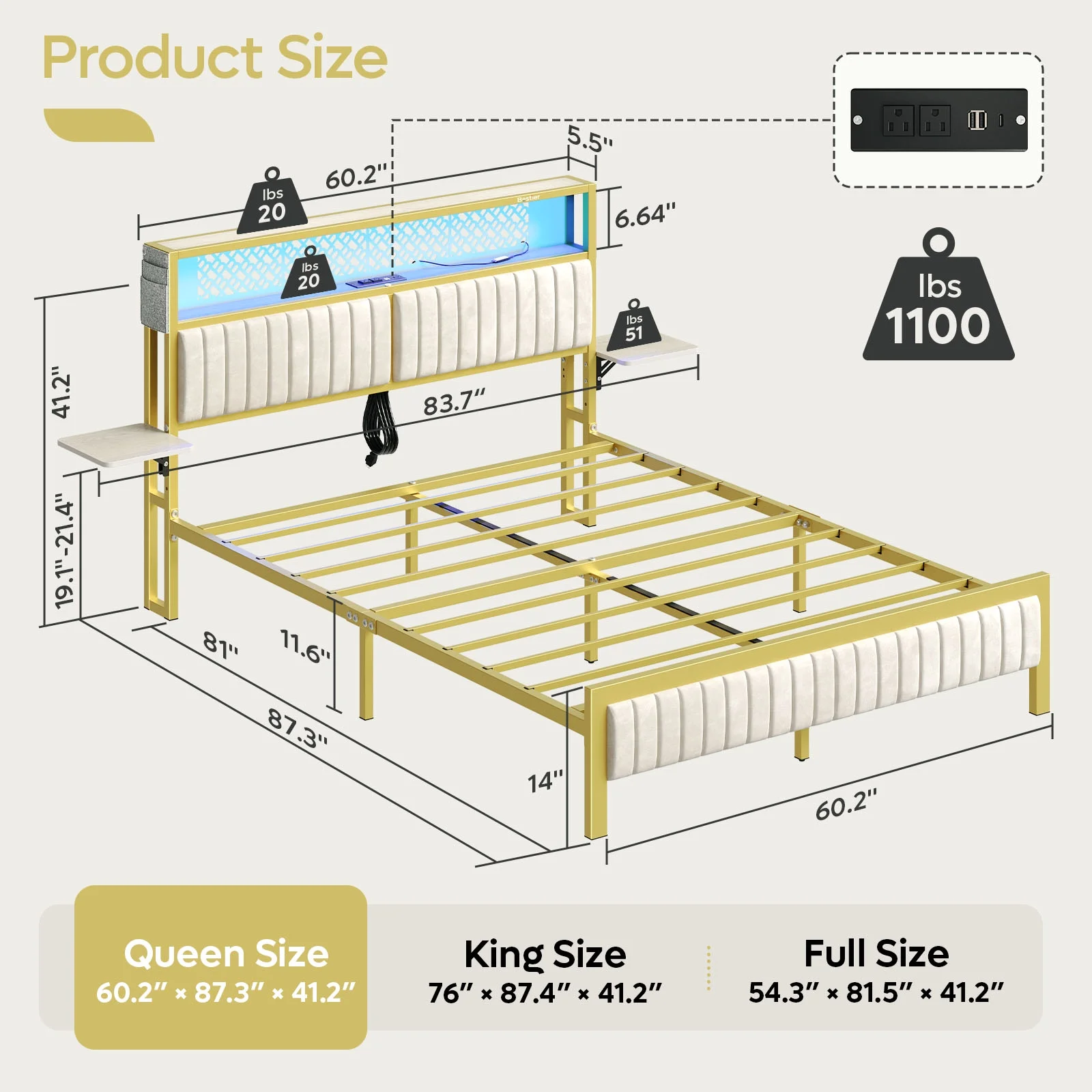 Bestier Queen Size Platform Bed Frame with Wood Foldable Bedside Shelves and LED Storage Headboard Charge Station, Gray