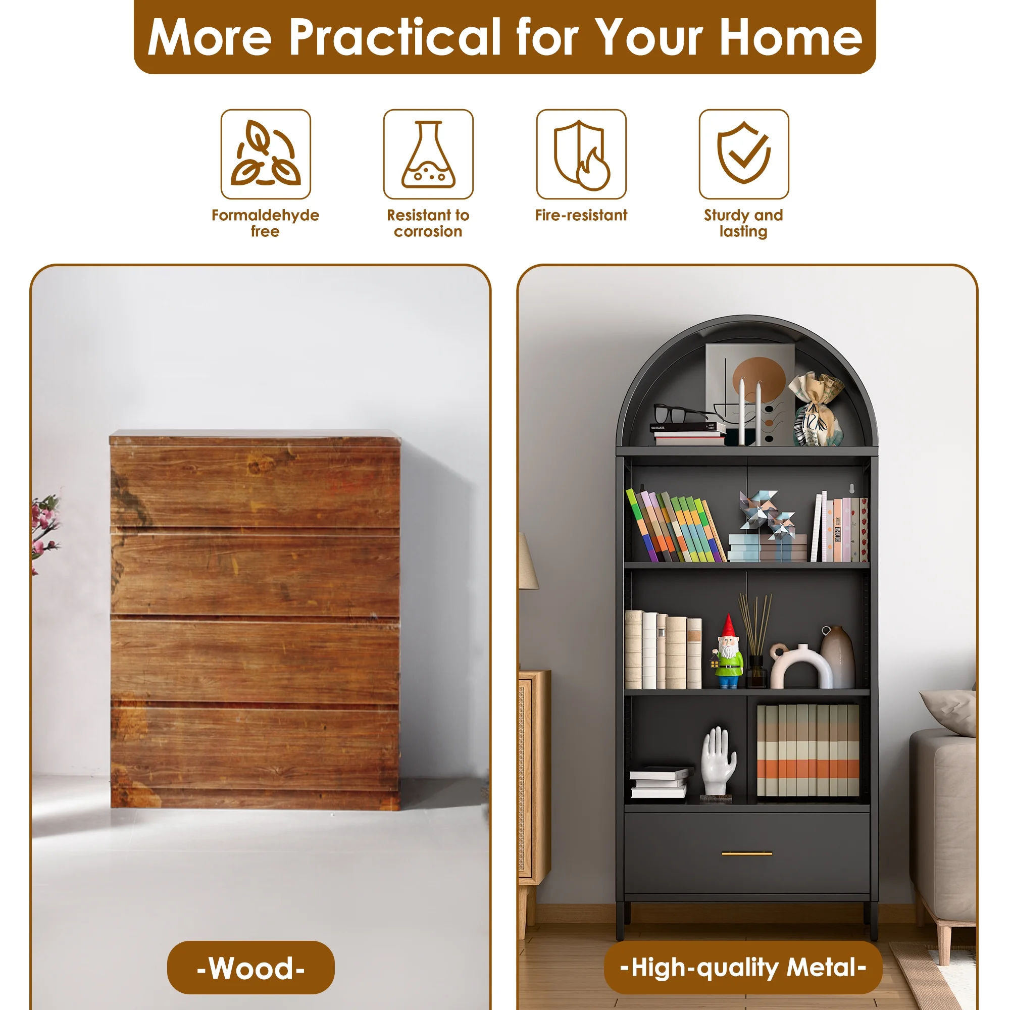 SUXXAN Metal Arched Storage Display Lockable Cabinets with Glass Doors and Adjustable Shelves, Assembly Required, Black