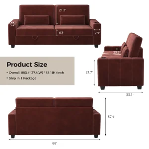 87-Large Loveseat Sofa, 3 Seater Couch with Storage, Velvet Fabric Deep Seat Sofa with Pillow& Cup Holders, Modern Comfy Sofa with USB& Type-C Ports, Home Sofa Couch for Living Room Bedroom
