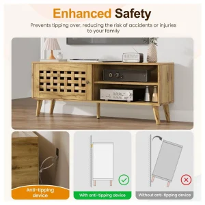 Rattan TV Stand, Fluted TV Stand with Storage, 47 inch Rattan Entertainment Center, Media Console Cabinet for Living Room, Bedroom 47'' -1 Door