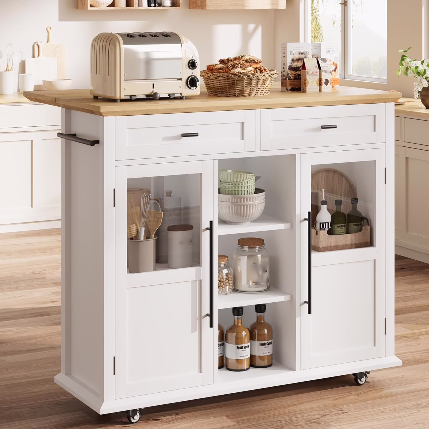 WALYWIK Foldable Kitchen Island Cart with Wheels, 2 Glass Doors, Spice Rack & Towel Holder -C Compact Mobile Storage Cart for Small Kitchens, Dining Rooms, Camping & RVs - Grey