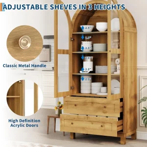 Litake 71" Tall Arched Bookshelf, Modern Bookcase with 2 Drawers, Glass Door and Adjustable Shelf, Wooden Display Cabinet, Versatile Bookshelf Kitchen Storage Pantry for Living Room, Bedroom- Natural
