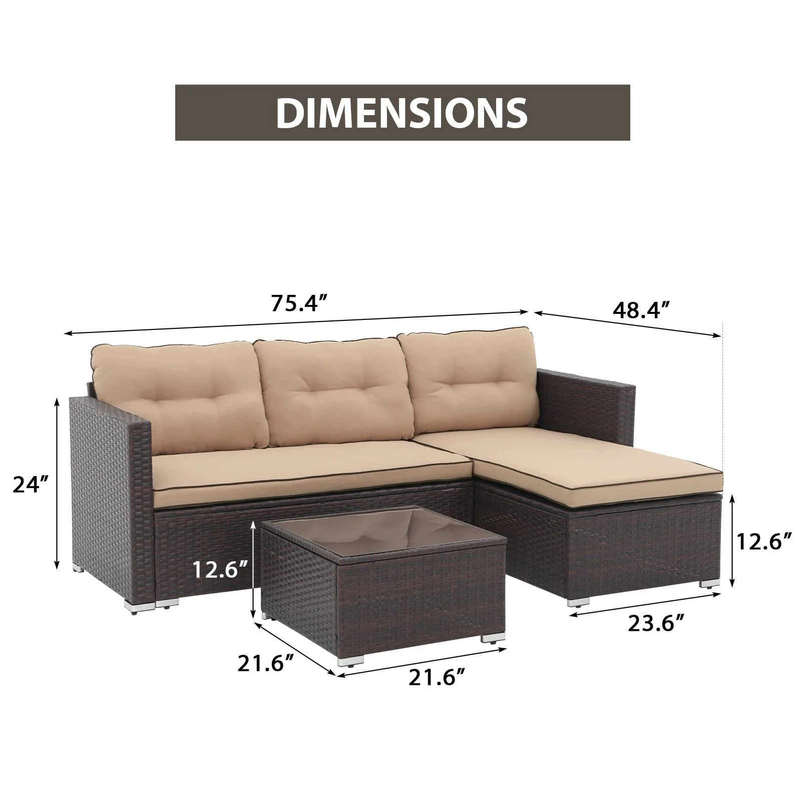 JOIVI 3 Pieces Patio Conversation Set, PE Wicker Rattan Outdoor Furniture Set, 2 Ways Small Sectional Sofa, Tempered Glass Coffee Table, Silver-Gray