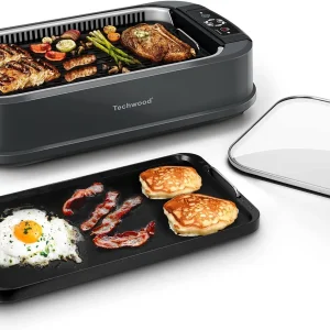 Indoor Grill, Techwood 1500W Smokeless Electric Grill with Tempered Glass Lid, Compact & Portable Non-Stick BBQ Grill with 6-Level Control, Dishwasher Safe, Black