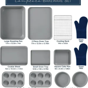 Nonstick Stackable Bakeware Set - Durable, Easy Release Baking Set, Denim, 13 Pcs