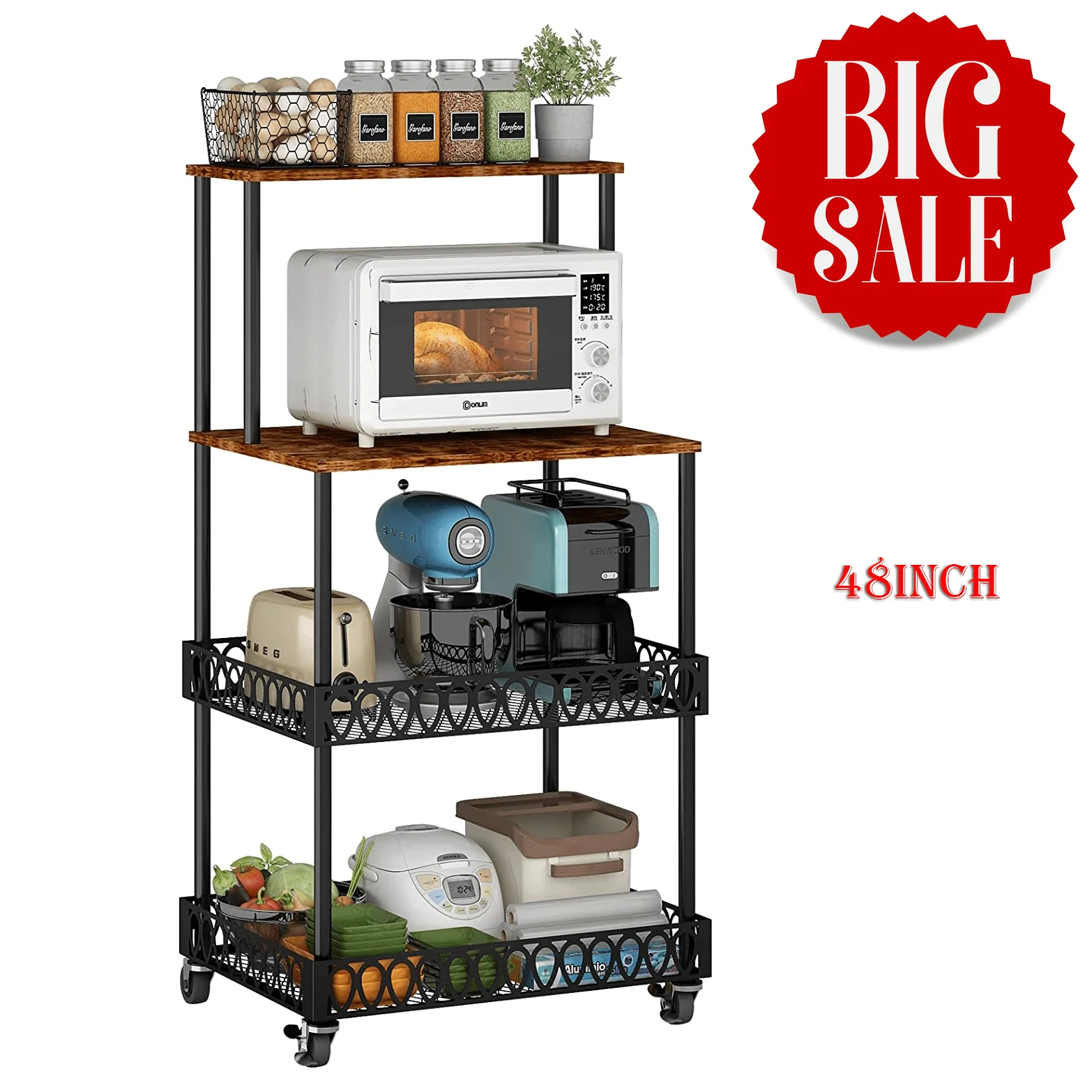 BATE 4-Tier Kitchen Storage Baker's Rack 48 inch Microwave Oven Rack Shelves Kitchen Storage Organizer with Metal Wheels