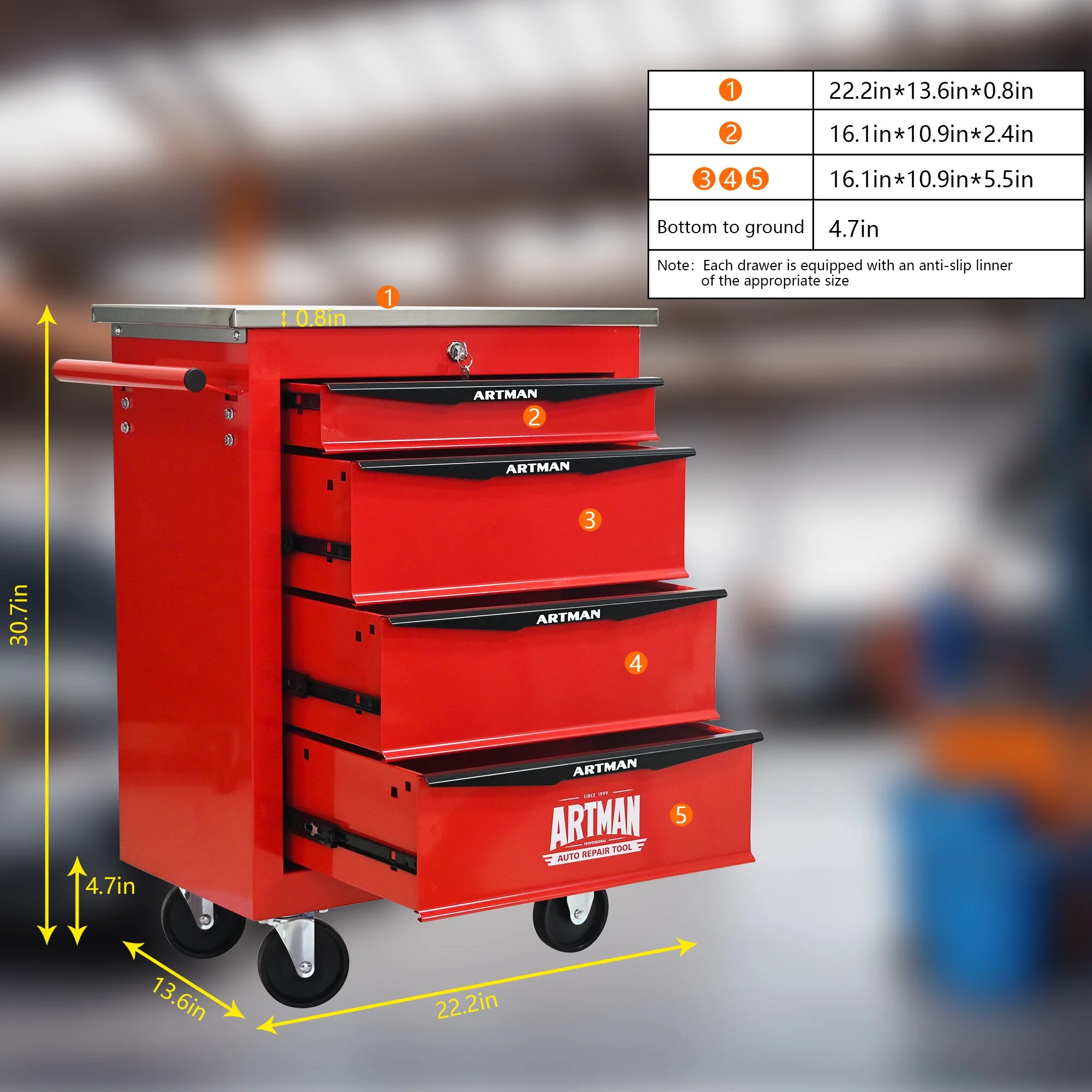 Tool Cabinets 4 Drawers Multifunctional Tool Cart with Wheels,Metal Rolling Tool Cart Storage for Garage Workshop Warehouse Repair Shop--With Stainless Steel Roof- Red&Black,Garage Tool Cabinets