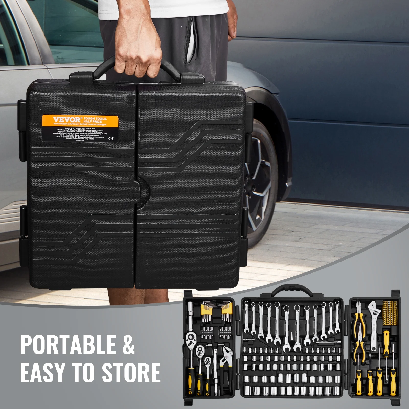 VEVOR 207-Piece Mechanics Tool Set, 1/4" 3/8" 1/2" Drive Sockets, SAE and Metric Mechanic Tool Kit with Bits, Wrenches, Ratchet Handle, Accessories, and Plastic Storage Case, for Automotive Repair