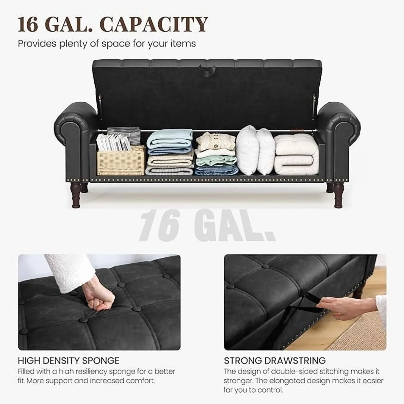 Gelloan Storage Ottoman Bench for Bedroom,Upholstered Bedroom Bench with Rolled Arms and Rivets, Storage Chest for Living Room,Grey,51 Inches