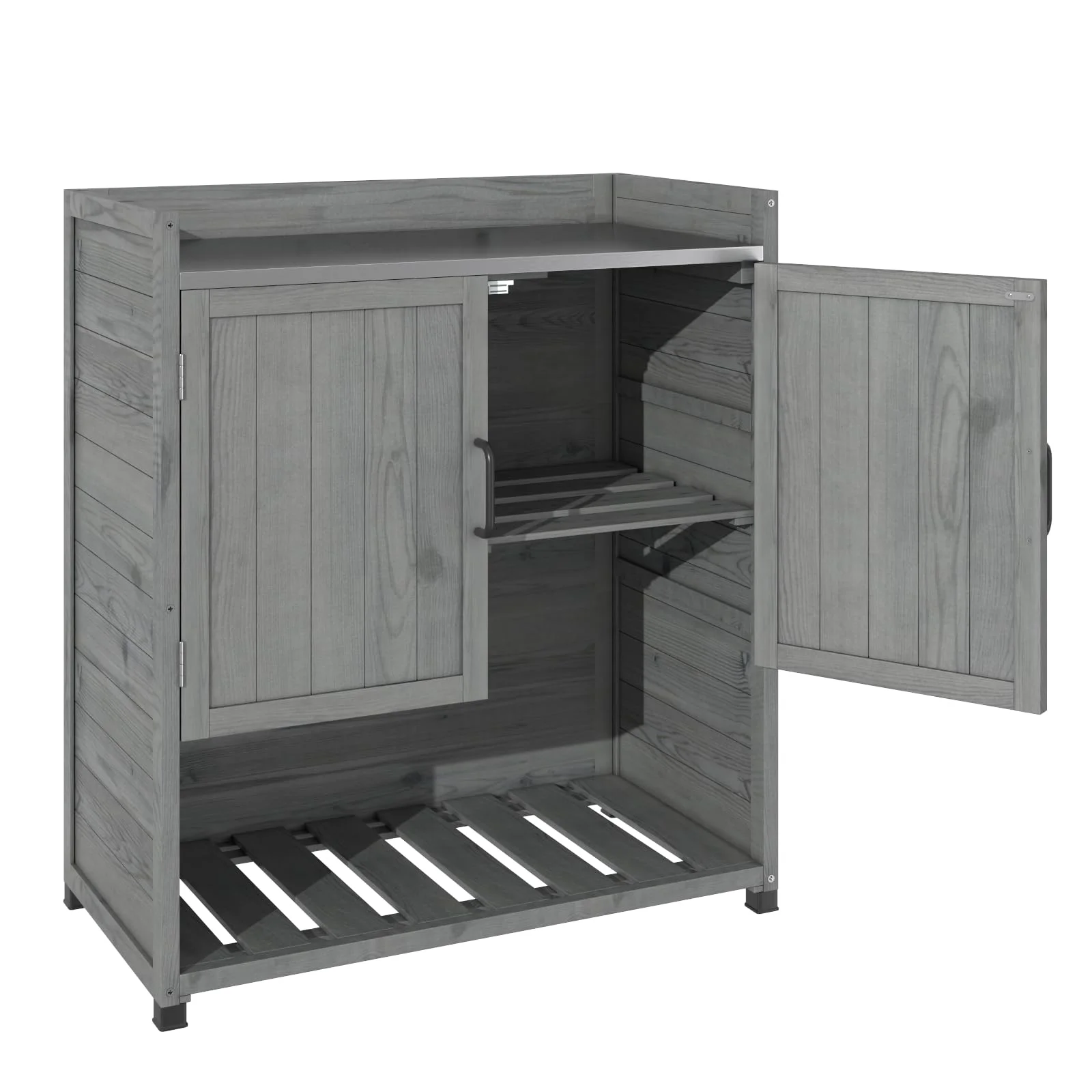 YODOLLA Potting Bench, Wooden Outdoor Storage Cabinet with Adjustable Shelf, Patio Storage with Metal Tabletop, Potting Table for Garden, Patio and Lawns, Gray