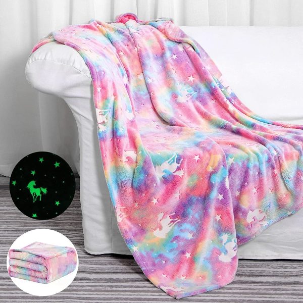 Unicorn Blanket for Girls, Glow in Dark Throw Blanket Lighted, Flannel Furry Fleece Blanket, Christmas Gifts for Kids Ages 3+ Years Old, 60in x 50in