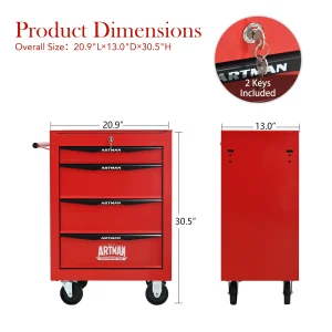 Tool Cabinets 4 Drawers Multifunctional Tool Cart with Wheels,Metal Rolling Tool Cart Storage for Garage Workshop Warehouse Repair Shop--With Stainless Steel Roof- Red&Black,Garage Tool Cabinets