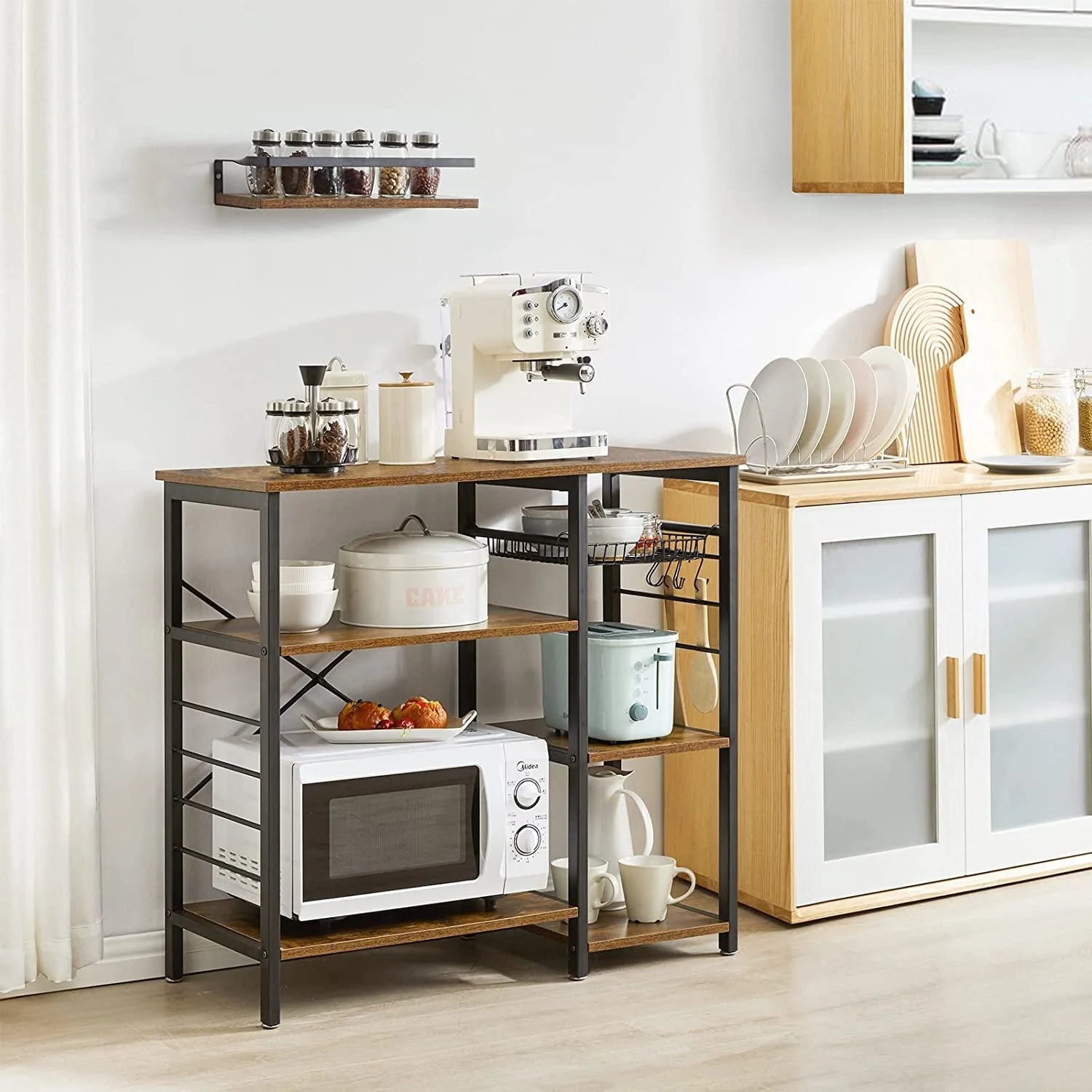 Dinaza Kitchen Bakers Rack Coffee Bar Microwave Oven Stand with Wire Basket & 6 Side Hooks Kitchen Organizer Shelf for Spices Utensils Foods Rustic Brown
