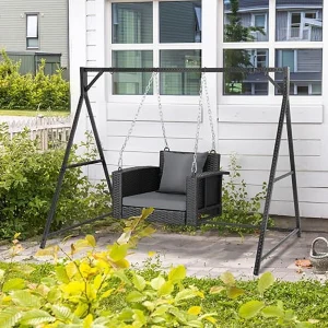 Zimtown Patio Rattn Wicker Swing, Outdoor Bench w/ Blue Cushion, Outdoor Seat Garden Swing for 2 Person