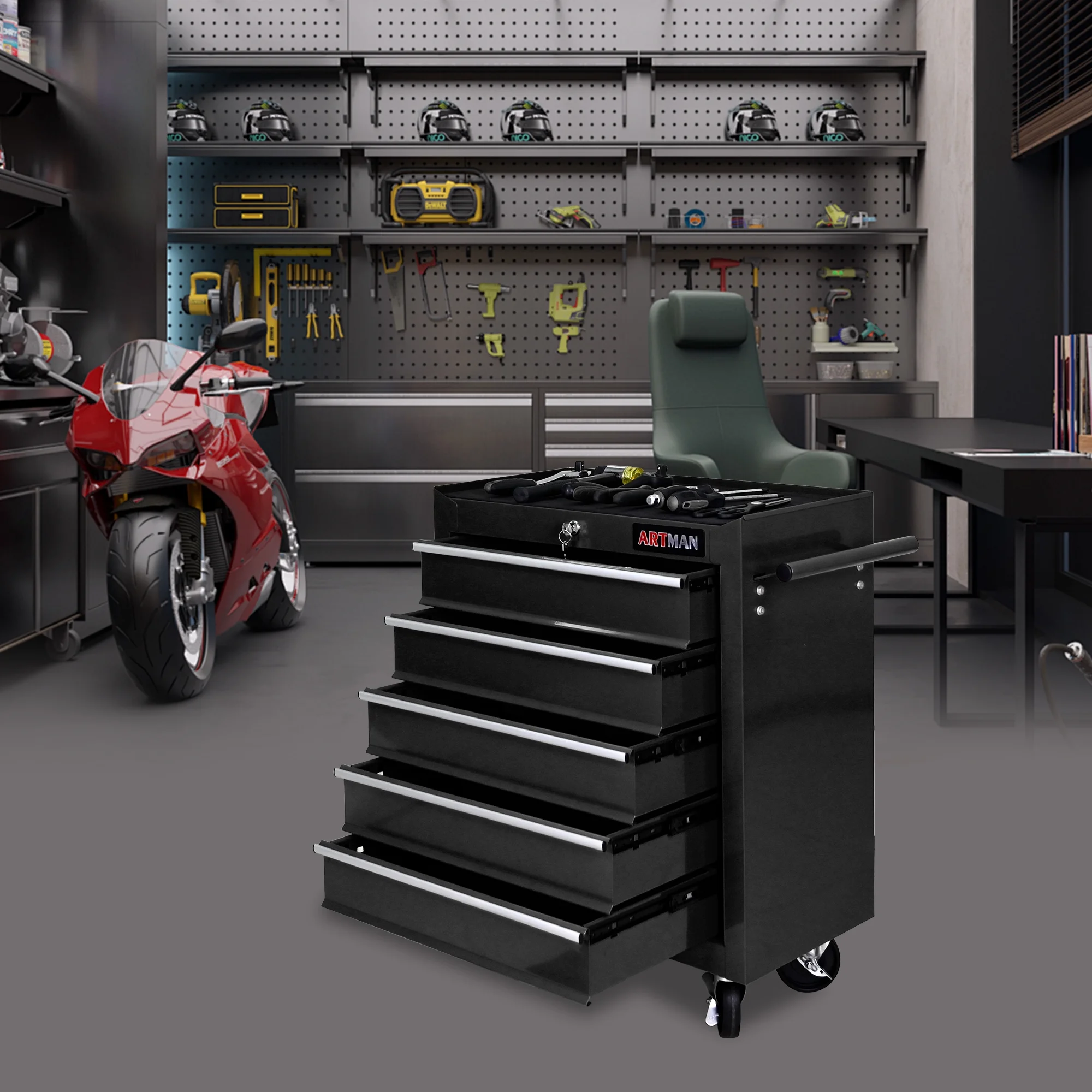 ARTMAN 5 Drawer Rolling Tool Chest, Tool Storage Cabinet with Wheels and Drawers for Garage Warehouse
